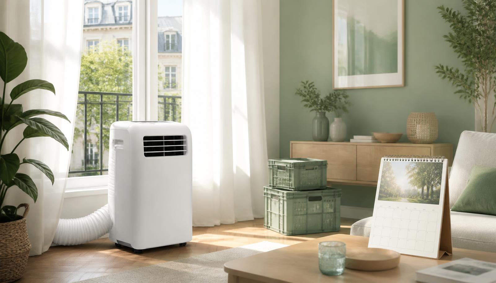 Mobiele airco van Climloc in een lichte woonkamer, klaar voor het zomerseizoen